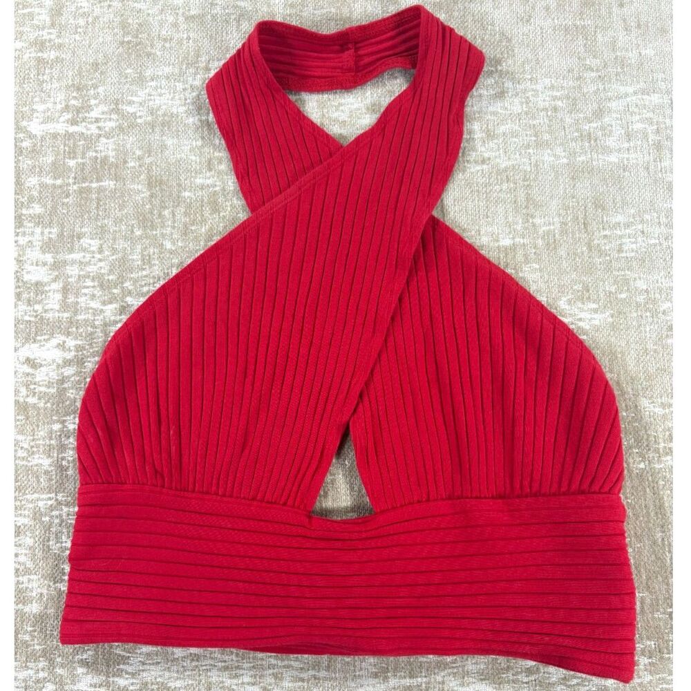 Callahan Red Mimi Ribbed Criss-Cross Halter Crop Top Size Medium